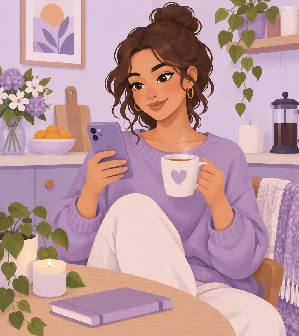 Femme souriante chez elle consultant l'application Selena sur son téléphone